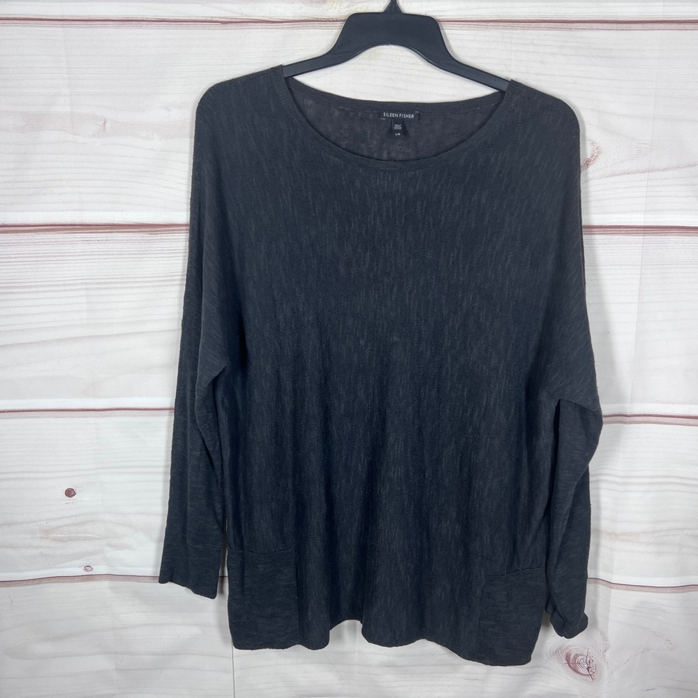 Eileen Fisher Sweater Womens Large Gray Organic Linen Cotton Knit Pockets
